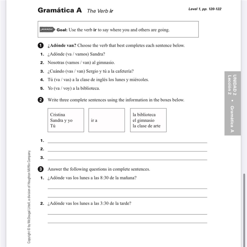 Gramática A The Verb ir ¿Adónde van? Choose the verb that best completes each sentence-example-1