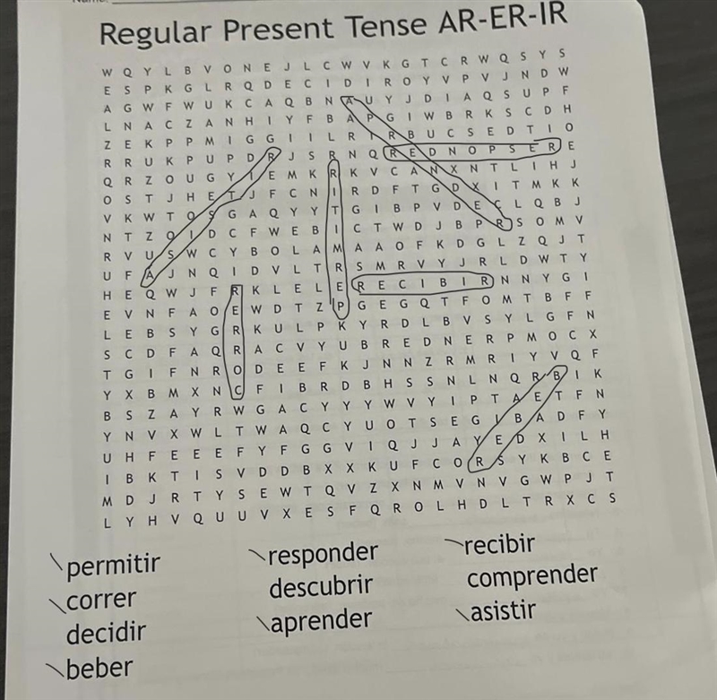 Regular present tense AR-ER-IR word search-example-1