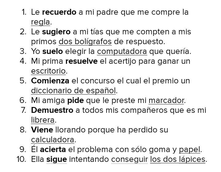 Write 10 sentences in Spanish, each incorporating the office supply depicted, and-example-1