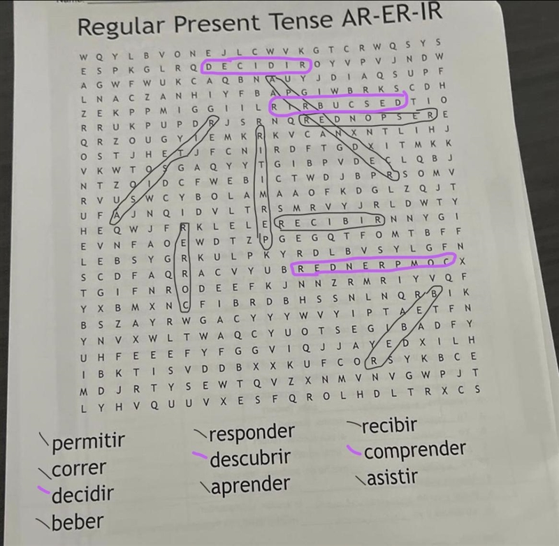 Regular present tense AR-ER-IR word search-example-1