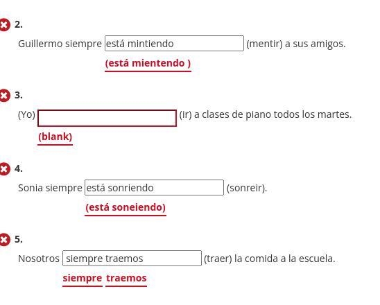 Completa las siguientes oraciones con la forma progresiva de los verbos en paréntesis-example-1