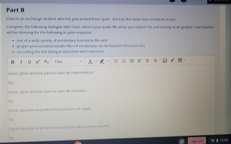 Clara: ¿Qué necesito para la clase de matemáticas? Tú: Clara: ¿Qué necesito para la-example-1