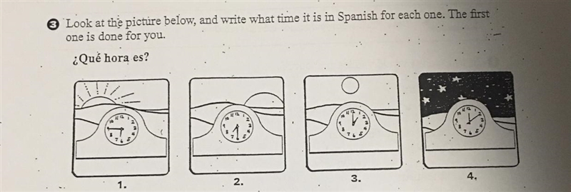 * Look at the picture below, and write what time it is in Spanish for each one. The-example-1