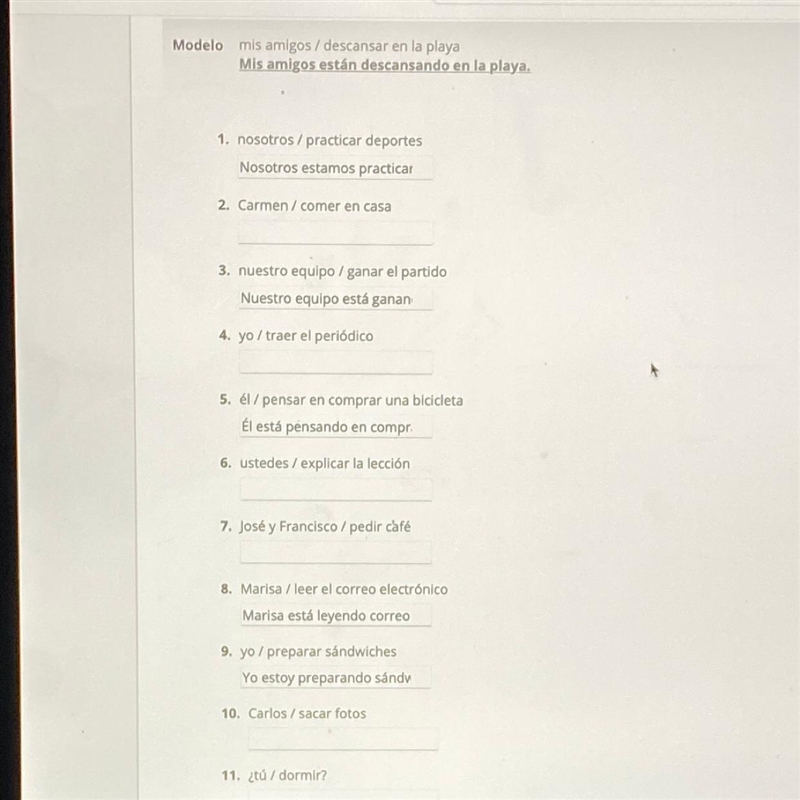 Create complete sentences using the present progressive. Follow the model.-example-1