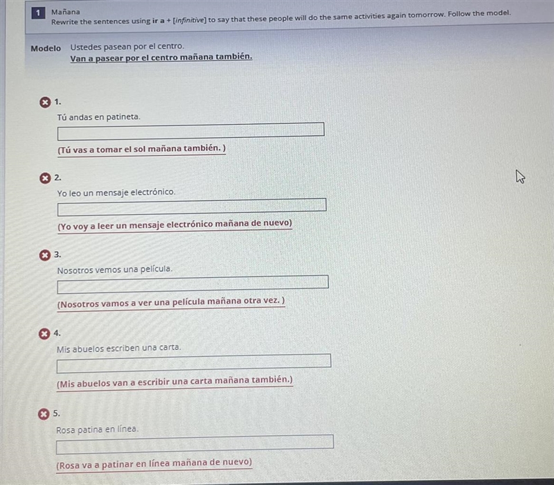 PLEASE HELP FAST!!! (red means incorrect previous answer i tried) Mañana Rewrite the-example-1