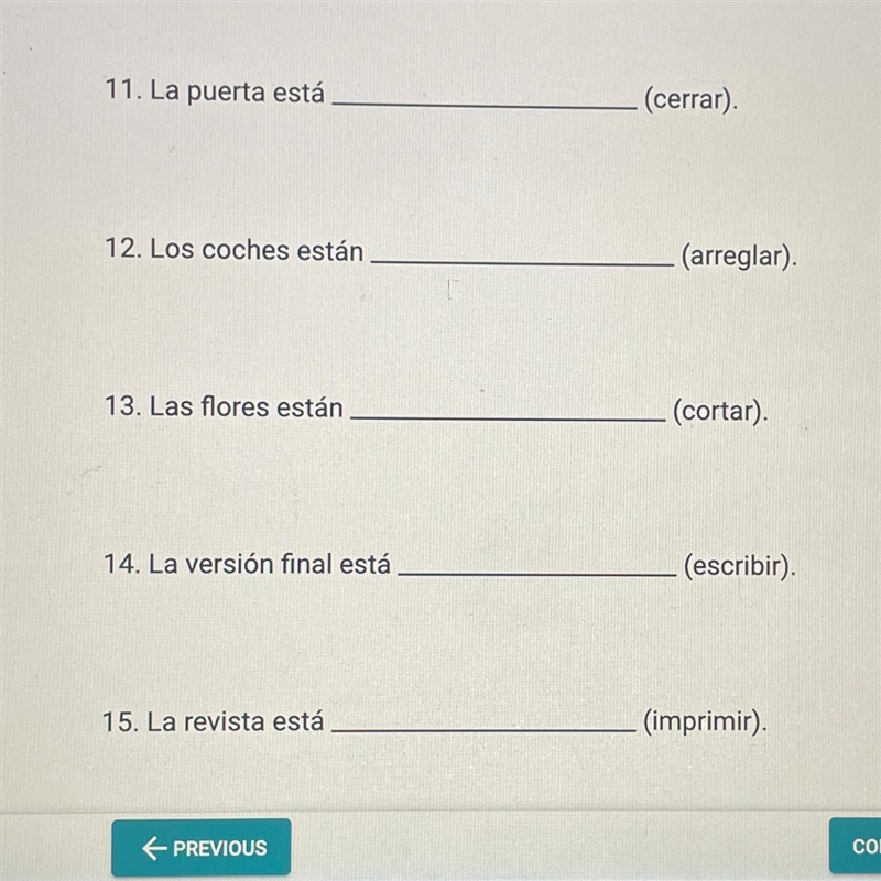 Using past participles as adjectives, give the correct form of the adjective to complete-example-1