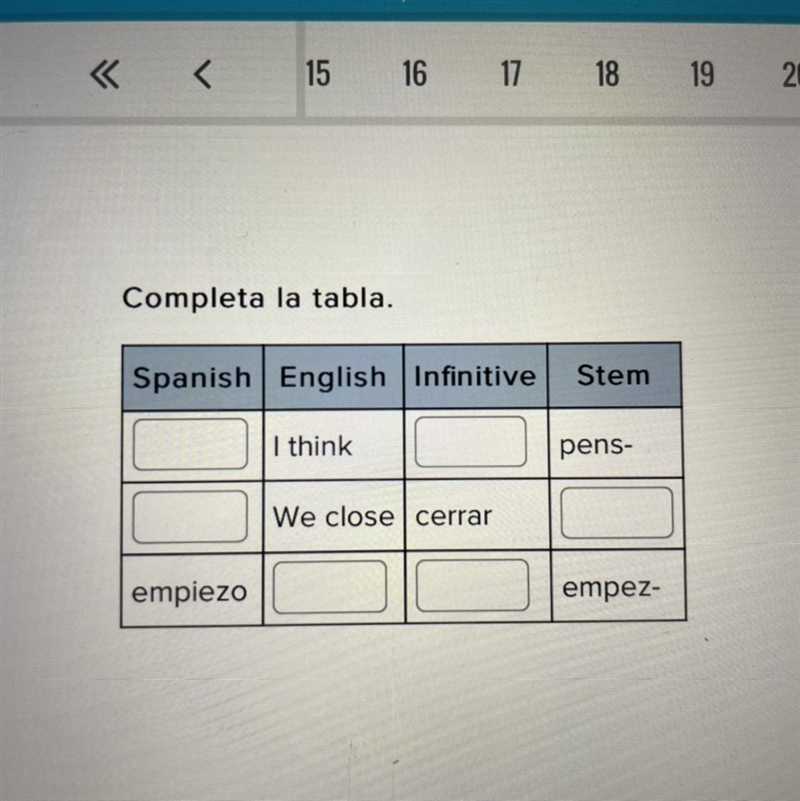 Completa la tabla. Spanish English Infinitive I think We close cerrar Stem pens- empiezo-example-1