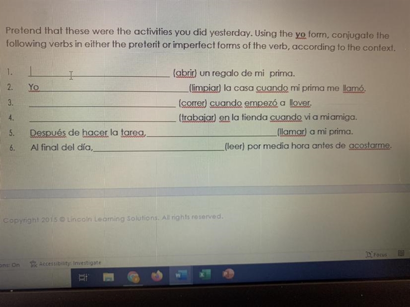 pretend that these were the activities you did yesterday. using the yo form, conjugate-example-1