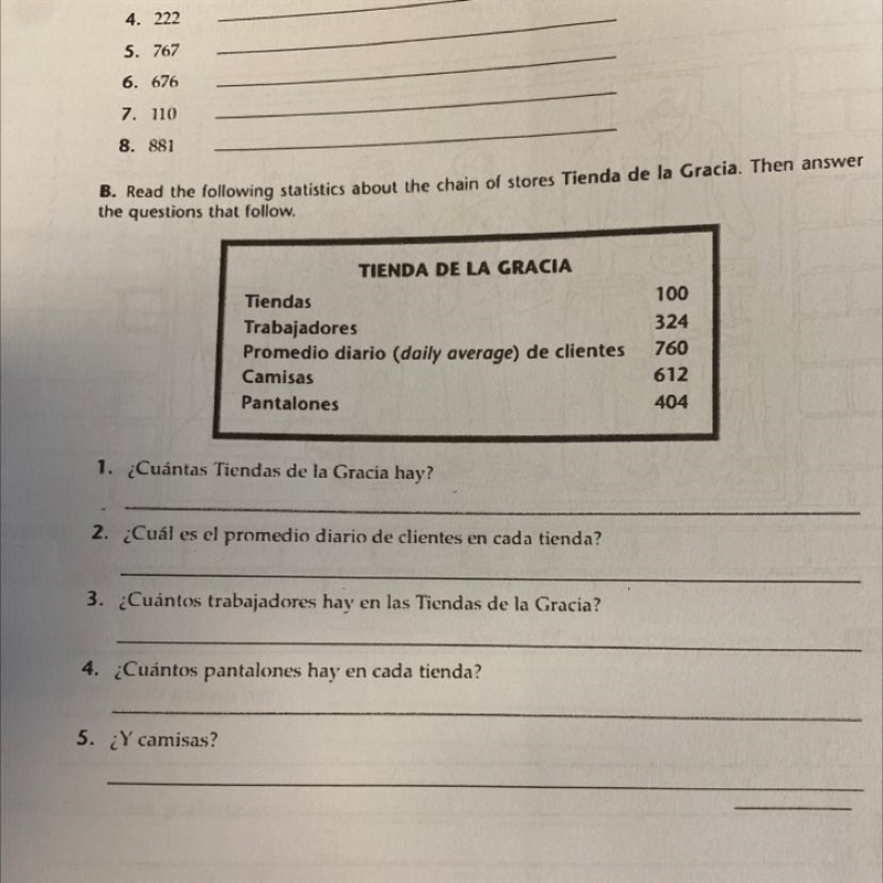 B. Read the following statistics about the chain of stores Tienda de la Gracia. Then-example-1