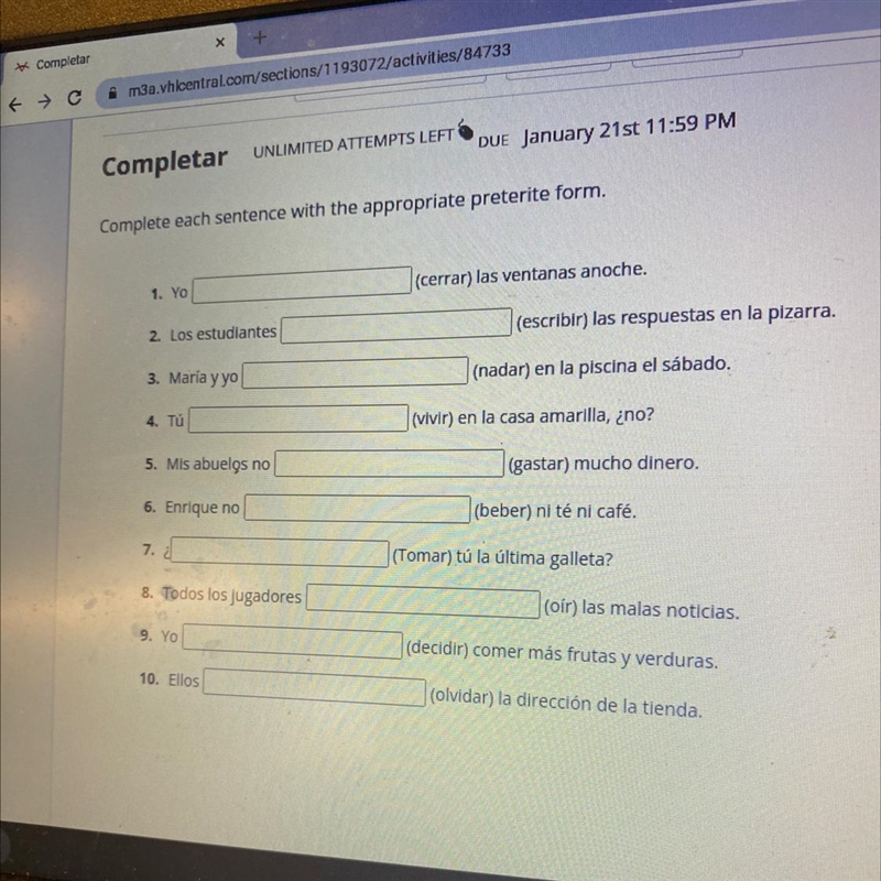 Answers for completar complete each sentence with the appropriate preterite form?-example-1