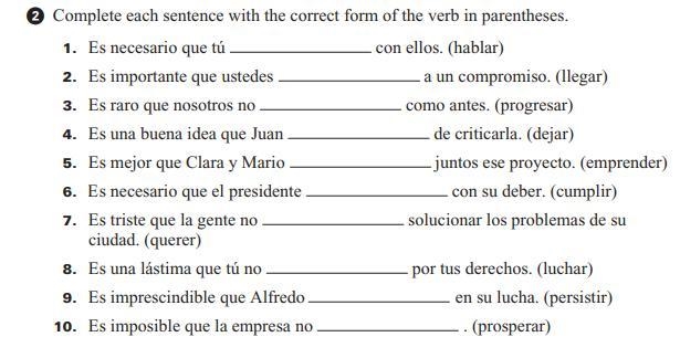 Subjuntivo-verbos regulares spanish help please answer all of these questions in the-example-1