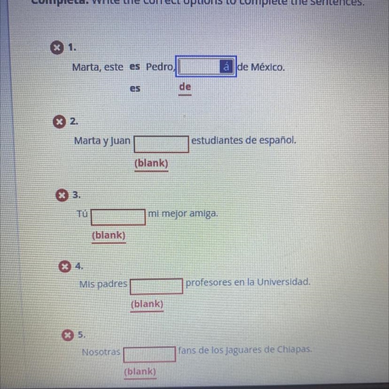 Can someone help with 1-5 Write the correct options to complete the sentences-example-1