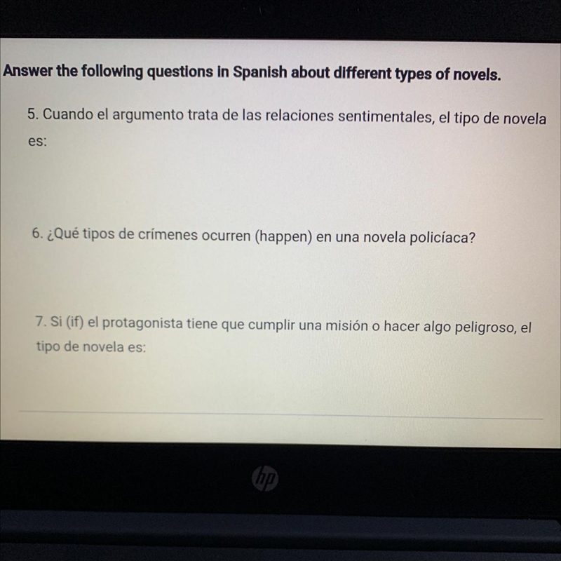 Answer the following questions in Spanish about different types of novels. 5. Cuando-example-1