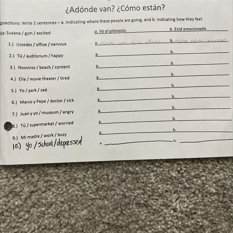 ¿Adónde van? ¿Cómo están? Directions: Write 2 sentences-a. indicating where these-example-1