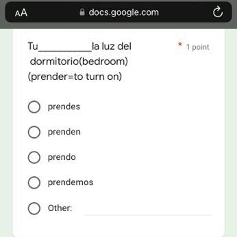 Tu ________ la luz del dormitorio(bedroom) (prender=to turn on)-example-1
