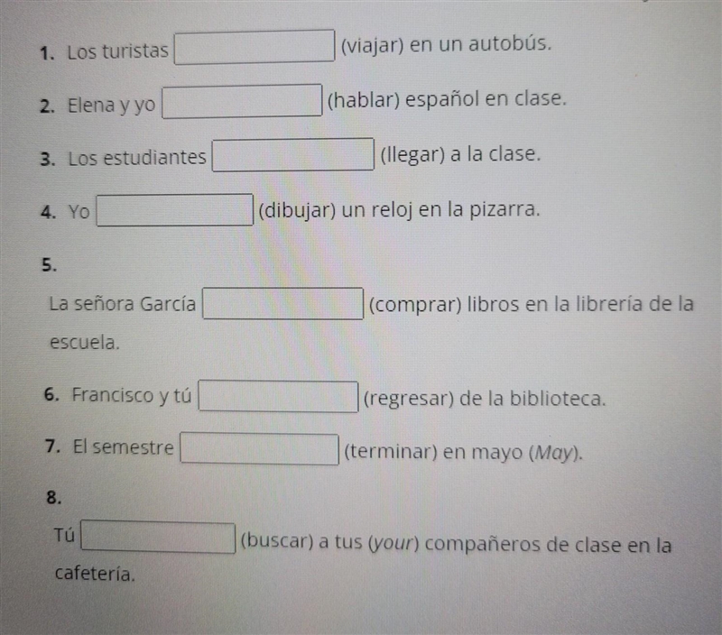 Completar Fill in the blanks with the present tense of the verbs in parentheses. ​-example-1