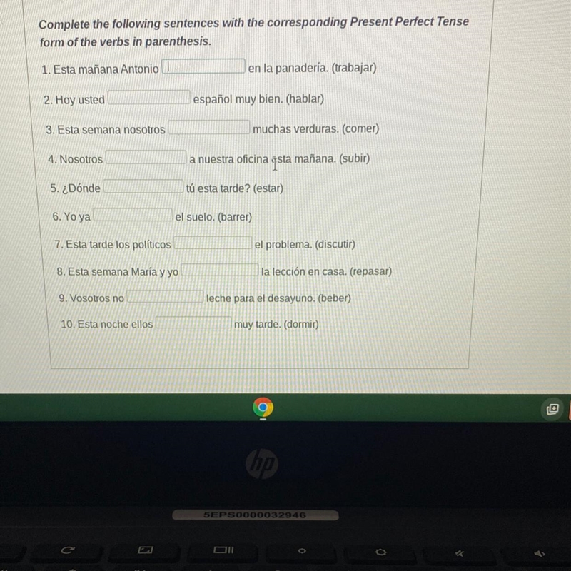 Complete the following sentences with the corresponding Present Perfect Tense form-example-1