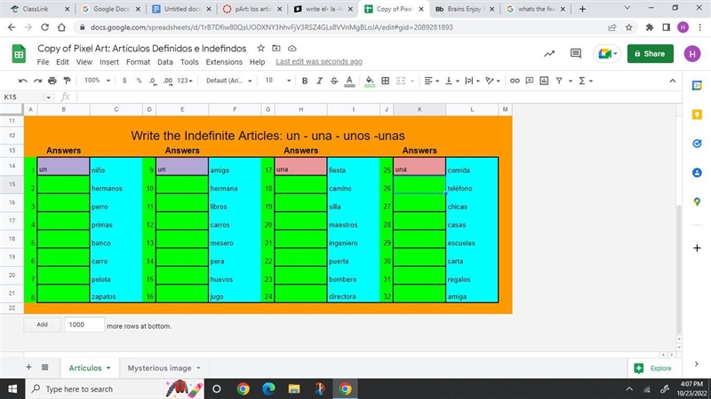 Write the Indefinite Articles: un - una - unos -unas-example-1