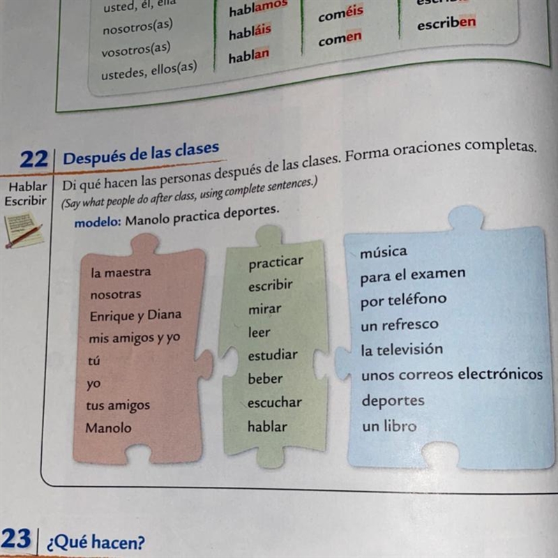 Di qué hacen las personas después de las clases. Forma oraciones completas.-example-1