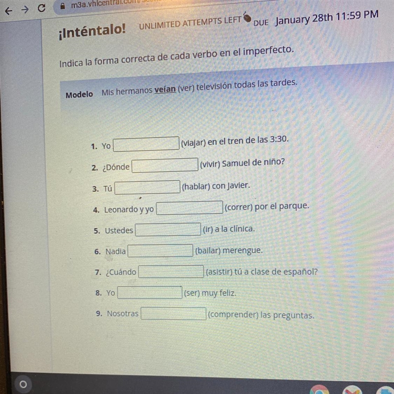 Answers for !inténtalo! Indica la forma correcta de Cada verbo en el imperfecto? (Vhl-example-1