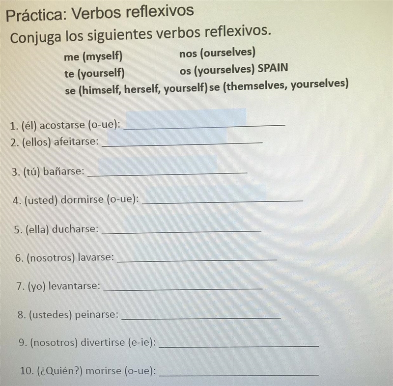 Práctica: Verbos reflexivos Conjuga los siguientes verbos reflexivos. me (myself) nos-example-1