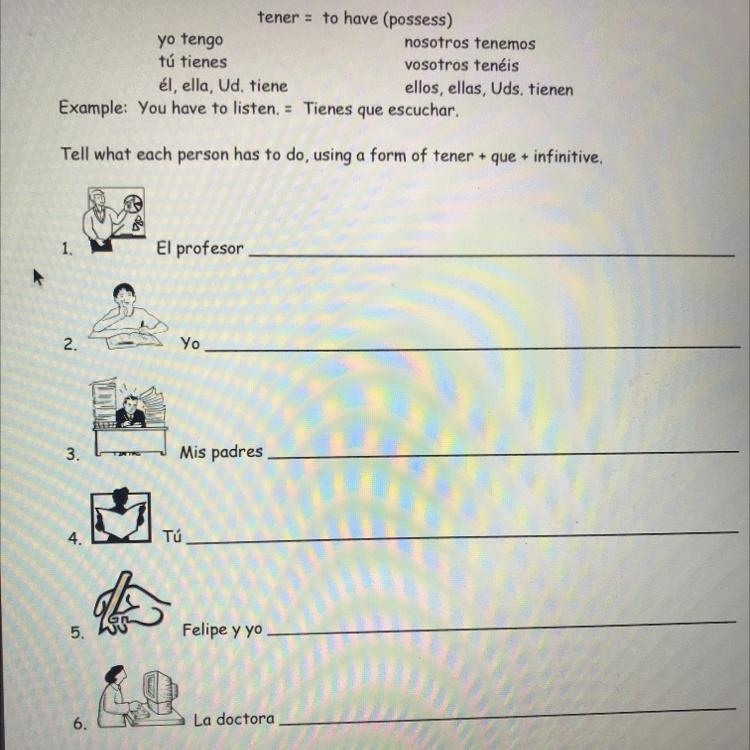 Tell what each person has to do using a form of tener + que + infinitive-example-1