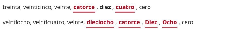 Contar Follow the pattern. Fill in the blanks with the Spanish words for the missing-example-1