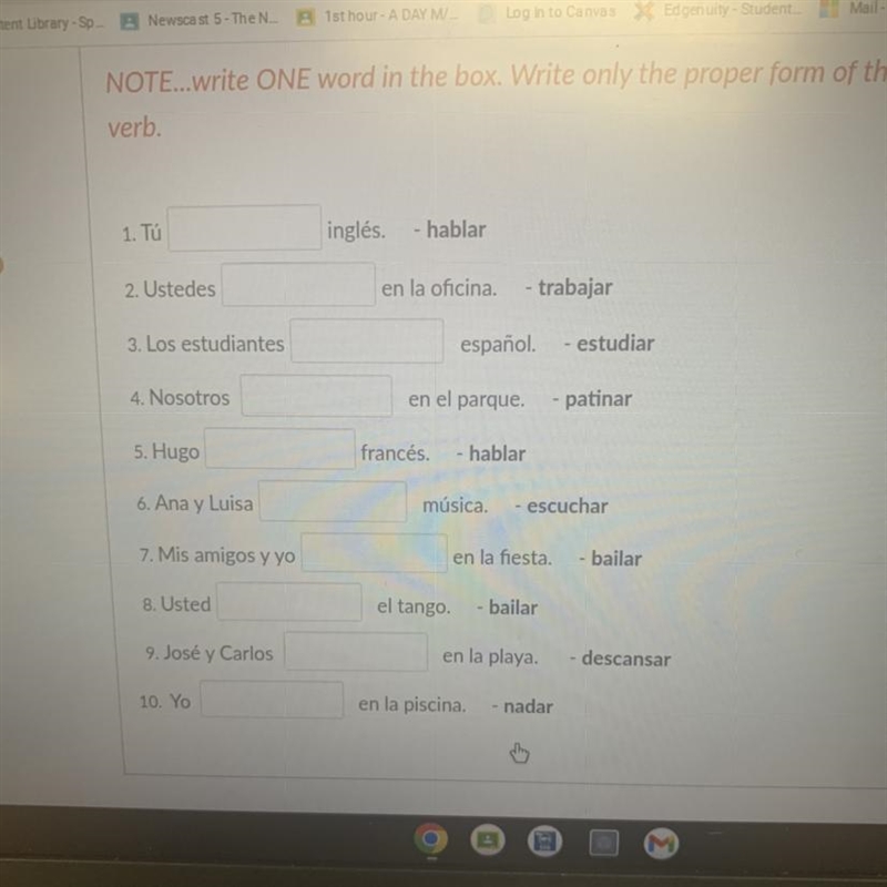 Study the forms and meaning of the -AR verbs. Then write sentences following the example-example-1