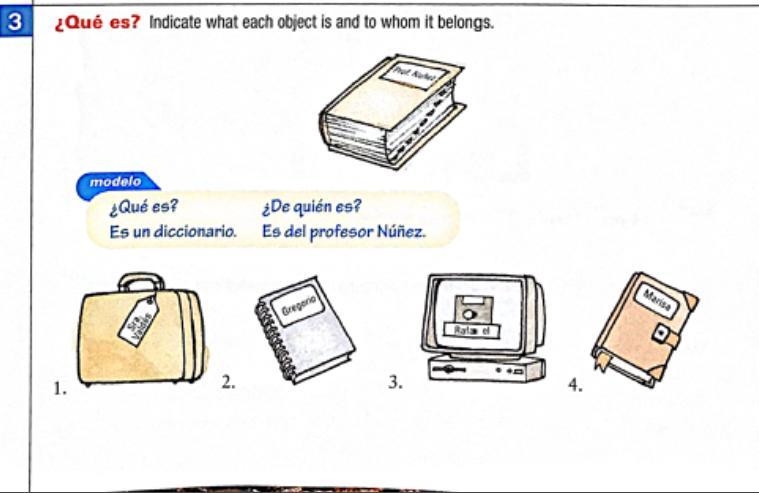 Indicate what each object is and to whom it belongs.-example-1