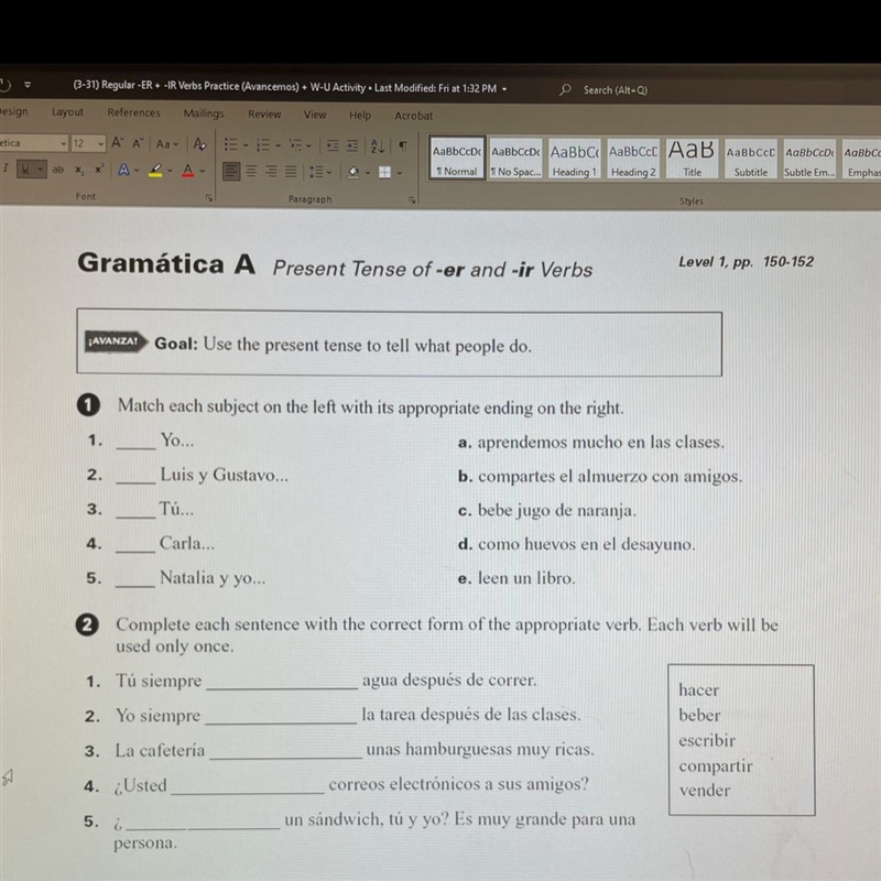 Gramarica A present tense of -er and -ir verbs-example-1