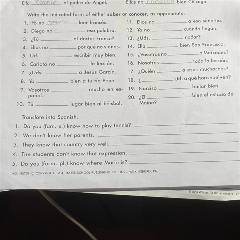 Write the indicated form of either SABER or CONOCER, as appropriate-example-1