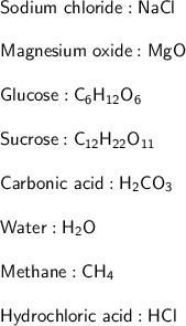 \sf Sodium \ chloride : NaCl \\ \\ \sf Magnesium \ oxide : MgO \\ \\ \sf Glucose : C_6H_(12) O_6 \\ \\ \sf Sucrose : C_(12) H_(22)O_(11) \\ \\ \sf Carbonic \ acid : H_2 CO_3 \\ \\ \sf Water : H_2 O \\ \\ \sf Methane : CH_4 \\ \\ \sf Hydrochloric \ acid : HCl