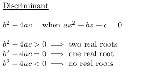 \boxed{\begin{minipage}{6.8 cm}\underline{Discriminant}\\\\$b^2-4ac$ \quad when $ax^2+bx+c=0$\\\\$b^2-4ac > 0 \implies$ two real roots\\$b^2-4ac=0 \implies$ one real root\\$b^2-4ac < 0 \implies$ no real roots\\\end{minipage}}
