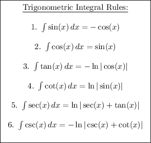 \boxed{ \left \begin{array}{ccc} \text{\underline{Trigonometric Integral Rules:}} \\\\ 1. \ \int \sin(x) \, dx = -\cos(x) \\\\ 2. \ \int \cos(x) \, dx = \sin(x) \\\\ 3. \ \int \tan(x) \, dx = -\ln|\cos(x)| \\\\ 4. \ \int \cot(x) \, dx = \ln|\sin(x)| \\\\ 5. \ \int \sec(x) \, dx = \ln|\sec(x) + \tan(x)| \\\\ 6. \ \int \csc(x) \, dx = -\ln|\csc(x) + \cot(x)| \\\\ \end{array} \right.}