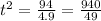 {t}^(2) = (94)/(4.9) = (940)/(49)