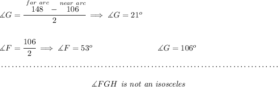 \measuredangle G=\cfrac{\stackrel{far~arc}{148}-\stackrel{near~arc}{106}}{2}\implies \measuredangle G=21^o \\\\\\ \hspace{6em}\measuredangle F=\cfrac{106}{2}\implies \measuredangle F=53^o\hspace{8em}\measuredangle G=106^o \\\\[-0.35em] ~\dotfill\\\\ ~\hfill \measuredangle FGH\textit{ is not an isosceles}~\hfill