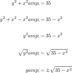 \begin{aligned}y^2 + x^2 &= 35\\\\y^2 + x^2-x^2 &= 35-x^2\\\\y^2&=35-x^2\\\\√(y^2)&=√(35-x^2)\\\\y&=\pm √(35-x^2)\end{aligned}