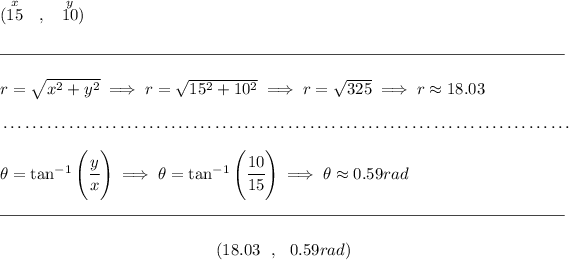 (\stackrel{x}{15}~~,~~\stackrel{y}{10}) \\\\[-0.35em] \rule{34em}{0.25pt}\\\\ r=√(x^2+y^2)\implies r=√(15^2+10^2)\implies r=√(325)\implies r\approx 18.03 \\\\[-0.35em] ~\dotfill\\\\ \theta =\tan^(-1)\left( \cfrac{y}{x} \right)\implies \theta =\tan^(-1)\left( \cfrac{10}{15} \right)\implies \theta \approx 0.59rad \\\\[-0.35em] \rule{34em}{0.25pt}\\\\ ~\hfill~(18.03~~,~~0.59rad)~\hfill~