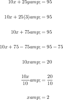 \begin{aligned}10x + 25y &amp;= 95\\\\10x + 25(3) &amp;= 95\\\\10x + 75 &amp;= 95\\\\10x + 75 -75&amp;= 95-75\\\\10x&amp;= 20\\\\(10x)/(10)&amp;=(20)/(10)\\\\x&amp;=2\end{aligned}