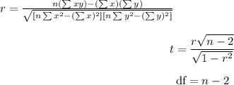 \[ r = \frac{n(\sum{xy}) - (\sum{x})(\sum{y})}{\sqrt{[n\sum{x^2} - (\sum{x})^2][n\sum{y^2} - (\sum{y})^2]}} \]\[ t = (r√(n-2))/(√(1-r^2)) \]\[ \text{df} = n - 2 \]