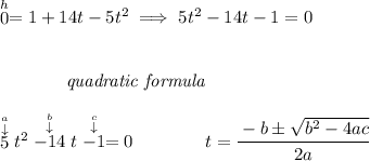 \stackrel{h}{0}=1+14t-5t^2\implies 5t^2-14t-1=0 \\\\\\ ~~~~~~~~~~~~\textit{quadratic formula} \\\\ \stackrel{\stackrel{a}{\downarrow }}{5}t^2\stackrel{\stackrel{b}{\downarrow }}{-14}t\stackrel{\stackrel{c}{\downarrow }}{-1}=0 \qquad \qquad t= \cfrac{ - b \pm \sqrt { b^2 -4 a c}}{2 a}