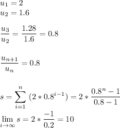 u_1=2\\u_2=1.6\\\\(u_3)/(u_2) =(1.28)/(1.6)= 0.8\\\\\\(u_(n+1))/(u_(n)) =0.8\\\\\\\displaystyle s=\sum_(i=1)^n\ (2*0.8^(i-1))=2*(0.8^n-1)/(0.8-1) \\\\ \lim_(i \to \infty) s= 2*(-1)/(0.2)=10\\