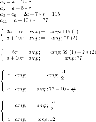 a_3=a+2*r\\a_6=a+5*r\\a_3+a_6=2a+7*r=115\\a_(11)=a+10*r=77\\\\\left\{\begin{array}{ccc}2a+7r&amp;=&amp;115\ (1)\\a+10r&amp;=&amp;77\ (2) \\\end {array} \right.\\\\\\\left\{\begin{array}{ccc}6r&amp;=&amp;39\ (1)-2*(2) \\a+10r&amp;=&amp;77\\\end {array} \right.\\\\\\\left\{\begin{array}{ccc}r&amp;=&amp;(13)/(2) \\\\a&amp;=&amp;77-10*(13)/(2) \\\end {array} \right.\\\\\\\left\{\begin{array}{ccc}r&amp;=&amp;(13)/(2) \\\\a&amp;=&amp;12 \\\end {array} \right.\\\\