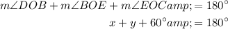 \begin{aligned}m\angle DOB + m\angle BOE + m\angle EOC &= 180^(\circ)\\x + y + 60^(\circ) &= 180^(\circ)\end{aligned}