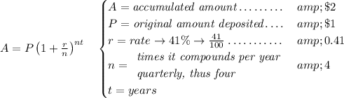 A=P\left(1+(r)/(n)\right)^(nt) \quad \begin{cases} A=\textit{accumulated amount}\dotfill & \$ 2\\ P=\textit{original amount deposited}\dotfill &\$1\\ r=rate\to 41\%\to (41)/(100)\dotfill &0.41\\ n= \begin{array}{llll} \textit{times it compounds per year}\\ \textit{quarterly, thus four} \end{array}\dotfill &4\\ t=years \end{cases}