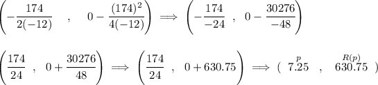 \left(-\cfrac{ 174}{2(-12)}~~~~ ,~~~~ 0-\cfrac{ (174)^2}{4(-12)}\right) \implies\left( - \cfrac{ 174 }{ -24 }~~,~~0 - \cfrac{ 30276 }{ -48 } \right) \\\\\\ \left( \cfrac{ 174 }{ 24 }~~,~~0 + \cfrac{ 30276 }{ 48 } \right)\implies \left( \cfrac{ 174 }{ 24 }~~,~~0 + 630.75 \right)\implies (~\stackrel{ p }{7.25}~~,~~ \stackrel{ R(p) }{630.75}~)