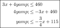 \boxed{\begin{aligned}3x+4y&amp; \leq 460\\4y&amp;\leq-3x+460\\y&amp;\leq -(3)/(4)x+115\end{aligned}}