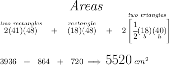 \stackrel{ \textit{\LARGE Areas} }{\stackrel{ \textit{two rectangles} }{2(41)(48)}~~ + ~~\stackrel{rectangle }{(18)(48)}~~ + ~~\stackrel{ \textit{two triangles} }{2\left[ \cfrac{1}{2}(\underset{b}{18})(\underset{h}{40}) \right]}} \\\\\\ 3936~~ + ~~864~~ + ~~720\implies \text{\LARGE 5520}~cm^2