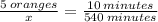 (5 \: oranges)/(x) = (10 \: minutes)/(540 \: minutes)