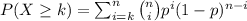 \[ P(X \geq k) = \sum_(i=k)^(n) \binom{n}{i} p^i (1-p)^(n-i) \]